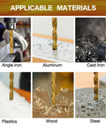 10 Pack One Quarter Inch Titanium Coated Twist Hex Shank Drill Bit Set With 135 Degree Tip HSS Impact Grade shown in use on angle iron, aluminum, cast iron, plastics, wood, steel.