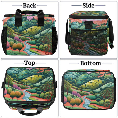 Forest Landscape Insulated Picnic Backpack With Large Storage For Lunch And Snacks shown in back, side, top, and bottom views.
