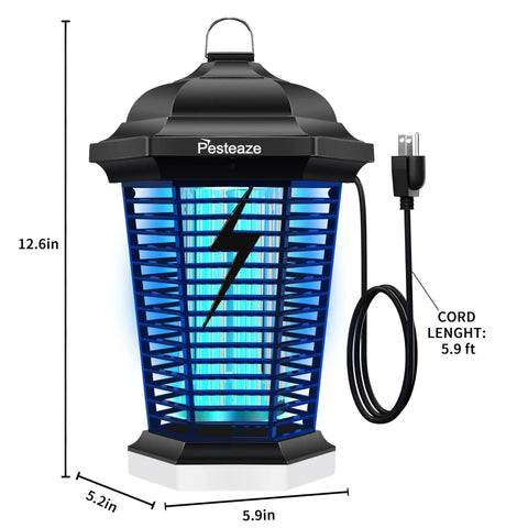Outdoor Bug Zapper With LED Light 5600V Electric Fly Killer Plug In Mosquito Zapper For Indoor Or Outdoor Use 3 Prong Plug Covers Up To Half Acre Kills Mosquitoes Gnats Flies Wasps Moths ABS Plastic shown with cord and dimensions