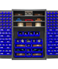 48 Inch Wide Rock Solid Steel Lockable Workshop Cabinet Featuring 138 Blue Hook On Organizers And Three Adjustable Shelves with contents visible.