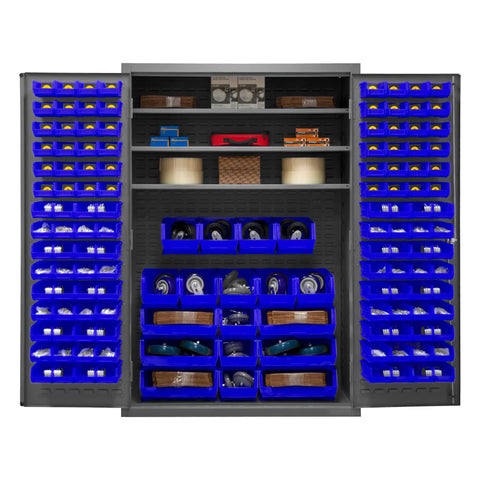 48 Inch Wide Rock Solid Steel Lockable Workshop Cabinet Featuring 138 Blue Hook On Organizers And Three Adjustable Shelves with contents visible.