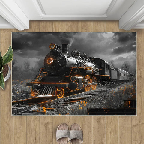 Train Junkie 4x5 Rug For Bedroom And Living Room, Steam Locomotive Design, Industrial Revolution Style, Low Pile Soft Indoor Carpet