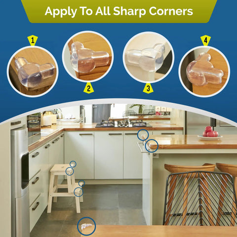 Super Soft Transparent Baby Corner Protectors For Kiddos And Toddlers With Crystal Clear Baby Proof Furniture Edges Smooth As Butter No Sweat Install 12 Pack applied to corner.