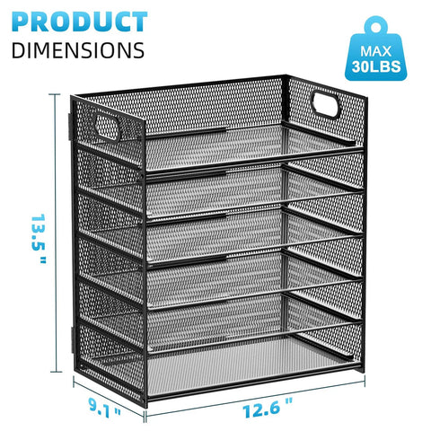 Six Tier Mesh Desk File Tray With Heavy Duty Handle For Office Letter Sorting A4 Paper And Filing Folders dimensions 13.5" height, 12.6" width, 9.1" depth