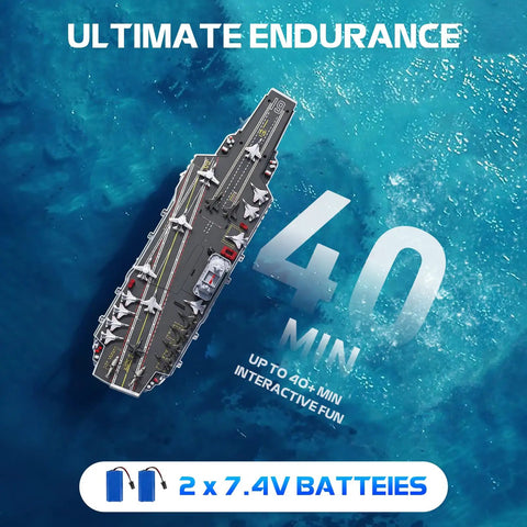 Top view of Rad RC Warship Boat With Water Spray 16 Inch Battleship on blue water with 40 min playtime text and two batteries shown.