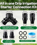 All In One Drip Irrigation Starter Kit With A Two Way Y Splitter, Includes Two 25 PSI Garden Hose Regulators, Adapter, Tape