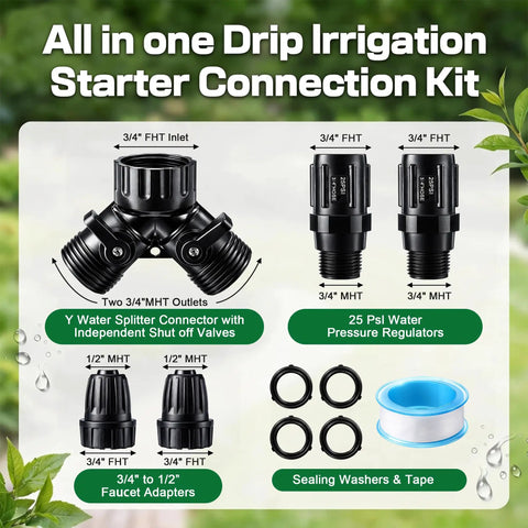 All In One Drip Irrigation Starter Kit With A Two Way Y Splitter, Includes Two 25 PSI Garden Hose Regulators, Adapter, Tape