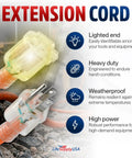 Image of a lit extension cord plug illustrating features: lighted end, heavy-duty, weatherproof, high power; 75Ft Outdoor Indoor Extension Cord 12 Gauge 3 Conductor Heavy Duty SJTW Waterproof ETL Listed Flexible Cold Resistant 15A 125V 1875W Orange Built Tough For Home Workshop Construction And Outdoor Projects.