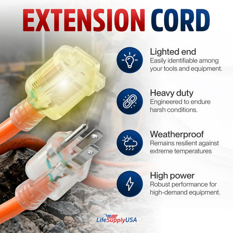 Heavy Duty Outdoor Indoor Extension Cord 14/3 Gauge SJTW Waterproof Flexible Cold Resistant Power Cable 200ft Orange 7A 125V 875W