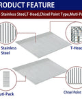 Rock Solid 16 Gauge Stainless Steel Finish Nails One Inch Through Two And A Half Sizes 1200 Count heavy duty Muti-Pack features including T-Head and Chisel Point.