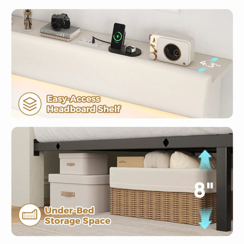 Snag This Super Roomy Queen Size Bed Frame With Plush Beige Velvet Upholstery And Two Easy Glide Storage Drawers Plus Smart Headboard Shelf displaying headboard shelf and under-bed storage.