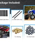 A-Arm Bushing Bolts Rebuild Kit For Yamaha ATVs with shaft collars, bushings, and dust covers, shown in six-pack image with ATVs.