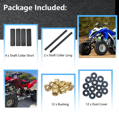 A-Arm Bushing Bolts Rebuild Kit For Yamaha ATVs with shaft collars, bushings, and dust covers, shown in six-pack image with ATVs.