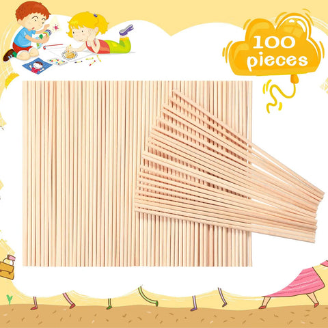 One Hundred Pack Premium Natural Wood Dowel Rods One Eighth By Six Inches Ultra Smooth Round Craft Sticks arranged neatly.
