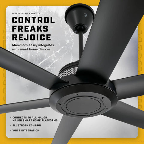 Total Game Changer 84 Inch Outdoor Ceiling Fan With Smart Wifi Voice Control and Remote, stylish black design and six sturdy blades.