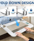 Person demonstrating 43 Inch Swing Down Crib Rail Guard For Toddlers, Universal Bed Rail With Easy Lift Release mechanism