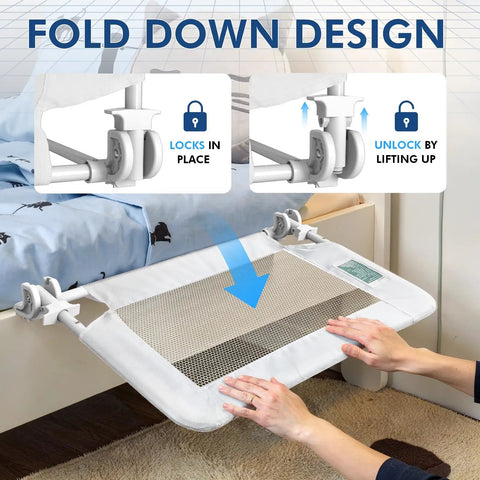 Person demonstrating 43 Inch Swing Down Crib Rail Guard For Toddlers, Universal Bed Rail With Easy Lift Release mechanism