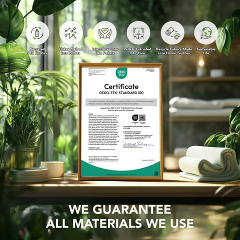 Oeko-Tex Standard 100 certificate displayed in a wooden frame with green plants and towels, showcasing eco-friendly materials.