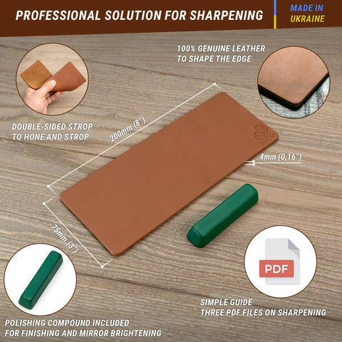 Double Sided Knife Stropping Leather Strop Kit 3 By 8 Inches with honing and polishing compound on wooden surface