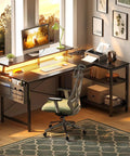 48 Inch Gaming Desk With USB Charging Ports And LED Lights, Reversible L Shaped Corner Desk With Monitor Stand, Storage Shelves And Power Outlets, Black in home office setup