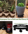 6 Pack Heavy Duty Plant Caddies With Wheels, Smooth Rolling Plant Dollies For Indoor Outdoor Potted Plants, Sturdy Black Plastic Saucers With Glide Casters, showcasing various potted plants on caddies.