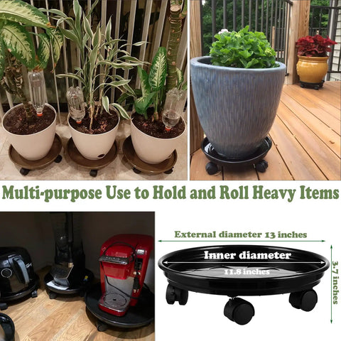 6 Pack Heavy Duty Plant Caddies With Wheels, Smooth Rolling Plant Dollies For Indoor Outdoor Potted Plants, Sturdy Black Plastic Saucers With Glide Casters, showcasing various potted plants on caddies.