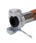 Close-up of Jackhammer Rubber Air Hose 50 Ft Long Three Quarter Inch Crimped Universal Chicago Coupling Red Made In USA