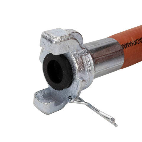 Close-up of Jackhammer Rubber Air Hose 50 Ft Long Three Quarter Inch Crimped Universal Chicago Coupling Red Made In USA