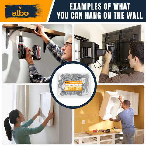 Knockout Drywall Anchor Kit With Screws For Hollow Walls Contains Fifty Grey Plastic Wall Plugs And Bolts ready for hanging shelves, TVs, and art.