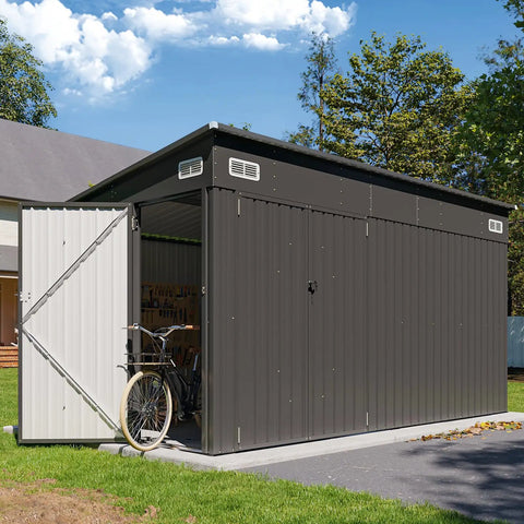 8x12 Outdoor Shed With Lean To And Triple Doors Galvanized Steel Utility Shed For Vertical Storage Dual Lock Security Sloped Roof