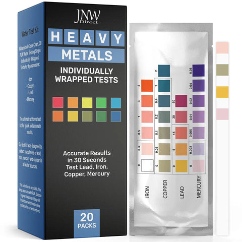 Heavy Metals Drinking Water Test Kit With Strips And eBook, Easy To Use Home Water Quality Check For Iron, Copper, Mercury, And Lead, 20 Quick Test Strips For Peace Of Mind And Safe Drinking Water, shown with packaging and test strip color chart.