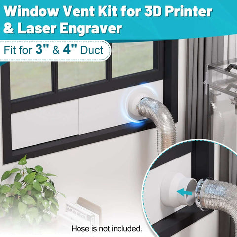 Window Vent Kit for 3 Inch and 4 Inch Ducts, Universal Vent Port With Adjustable Window Seal And Louvered Air Vent Cover installed in window with duct attachment