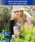Woman gardening wearing black Arm Sleeve Guards for Men and Women, 2 Pairs Protective Forearm Sleeves, Large, Black, in garden.