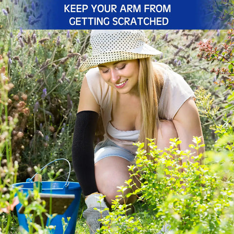Woman gardening wearing black Arm Sleeve Guards for Men and Women, 2 Pairs Protective Forearm Sleeves, Large, Black, in garden.