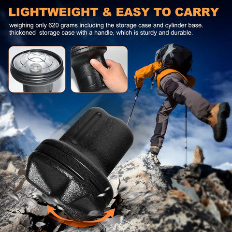 8500 BTU Portable Propane Heater For Outdoor Camping With Piezo Ignition with storage case shown on rocky terrain, used by hiker