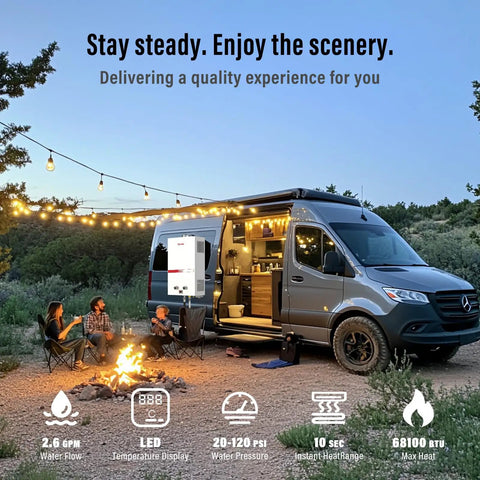 Lightweight Portable Propane Tankless Water Heater Kicking Out Instant 2.64 GPM Rock Solid Hot Water Straight Up Smooth Setup Perfect For RV Life Camping Trips Or Outdoor Backyard Bath Nights 16 Lb next to a campfire with family.