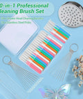 Shower Head Revival All In One Cleaning Kit With 50 Ultra Fine Nylon Brushes And 20 Surgical Steel Picks in colorful storage case
