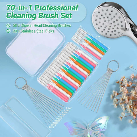 Shower Head Revival All In One Cleaning Kit With 50 Ultra Fine Nylon Brushes And 20 Surgical Steel Picks in colorful storage case