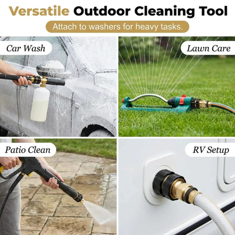 Universal Three Quarter Inch Garden Hose Quick Connect Fittings Set With Leak Proof Ring used for various outdoor tasks like car wash