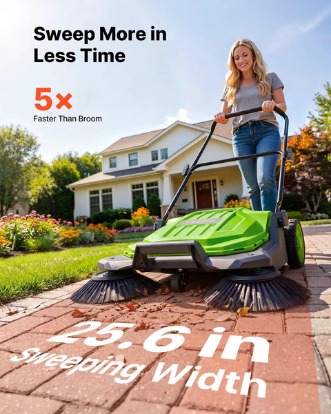 VEVOR Walk-Behind Floor Sweeper With 25.6 Inches Wide Brush And Big Waste Bin Perfect For Picking Up Leaves Grass And Debris From Yards Patios Garages No Battery Or Fuel Needed Super Easy To Push Around