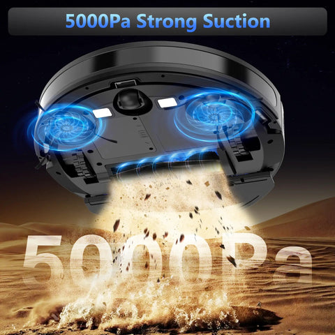 Robot Vacuum And Mop Combo With 5000Pa Suction, 150 Minute Runtime, app control, showing underside with strong suction power