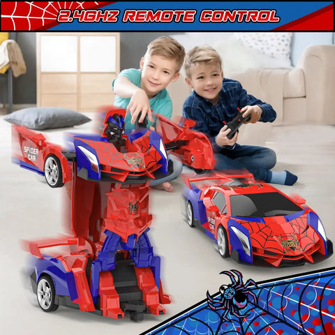 Two kids playing with red 1:18 scale transforming RC cars that turn into robots with 2.4GHz remote control, ages 3-12.