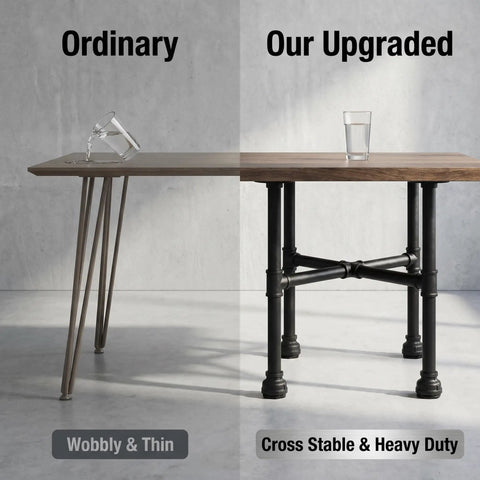 Comparison of ordinary table legs and Industrial Pipe Table Legs Set Heavy Duty Metal X Shaped Base showing stability difference.