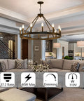 Top Tier 32 Inch Black Wagon Wheel Chandelier With 12 Lights Sleek Round Farmhouse Industrial Ceiling Light Fixture Easy Mount For High Ceilings Living Dining And Foyer in a modern living room.