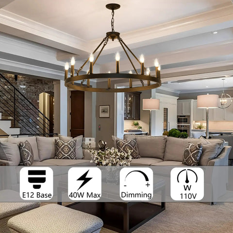 Top Tier 32 Inch Black Wagon Wheel Chandelier With 12 Lights Sleek Round Farmhouse Industrial Ceiling Light Fixture Easy Mount For High Ceilings Living Dining And Foyer in a modern living room.