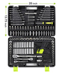 Open case of 249-Piece Mechanics Tool Set Must-Have Pro Grade With One-Half, Three-Eighths, And One-Quarter Inch SAE And Metric Sockets