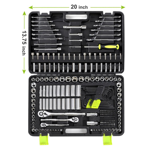 Open case of 249-Piece Mechanics Tool Set Must-Have Pro Grade With One-Half, Three-Eighths, And One-Quarter Inch SAE And Metric Sockets