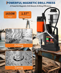 Heavy Duty Magnetic Drill Kit With 10 Drill Bits And 3 Twist Bits, 1650W Copper Motor, 1.57 Inch Boring Diameter, 2922 Lbf Torque, Portable Mag Drill Press, 810 RPM For Home Projects And Industrial Use with close-up of drill and coring.