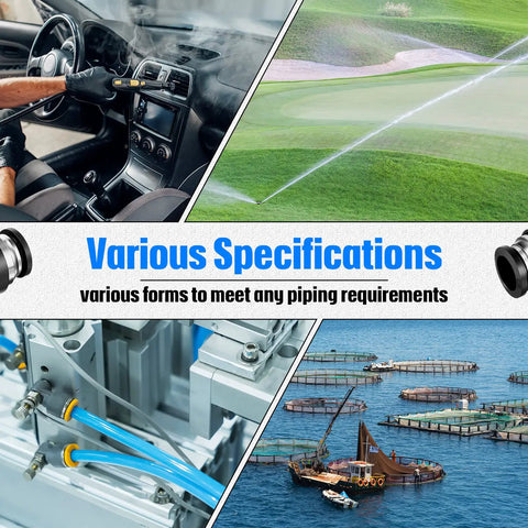 Four uses of Five Pack Go To One Half Inch OD Push To Connect Pneumatic Ball Valves With Quick Connect Air Fittings in different settings