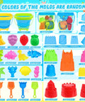 Collapsible Beach Toys Set For Kids And Toddlers 32 Piece Sandbox Kit with colorful molds, buckets, sea animals, dinosaurs, and tools.